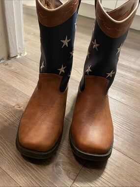 kids Brown and Navy Western Work Boots with Star Accent